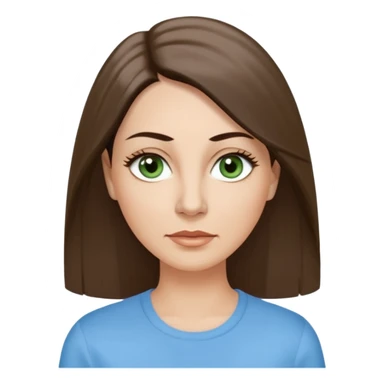 43. year old Adult woman avatar, light skin tone, long, oval face, long straight ashy brown hair, green almond-shaped eyes with dramatic eyelashes and minimal eyeliner, neutral mouth, medium straight eyebrows, small nose, smooth skin, sky blue shirt sticker