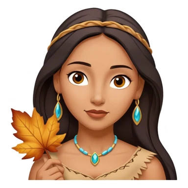 Cinematic Playful Pocahontas Portrait Emoji, Tilting her head with a knowing smirk, holding a delicate autumn leaf, eyes glimmering with adventure, an enchanting blend of confidence and charm, absolutely captivating! sticker