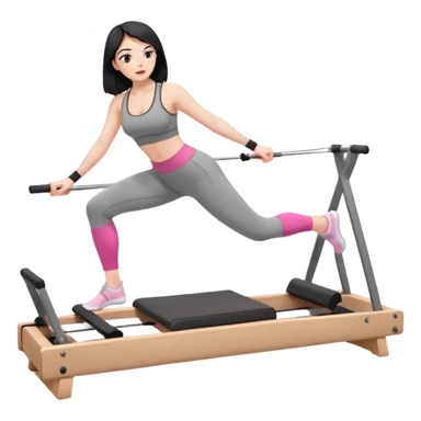 Create a Pilates emoji: a girl with fair skin and black hair, wearing a grey bra and grey leggings with pink pilates socks, on all fours on a wooden reformer. Make it look at the reformer. Make the colors neutrals. sticker