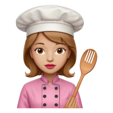 Girl in pink chef outfit, light brown hair, light skin, red lipstick sticker