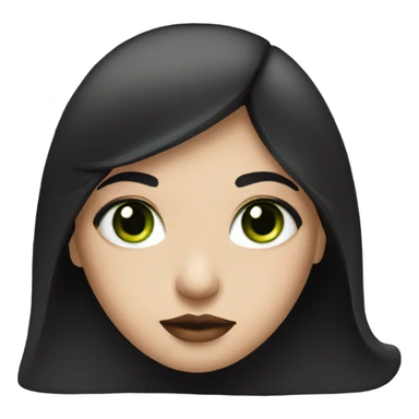 A girl has white skin, black hair and green eyes. Her lips are red sticker