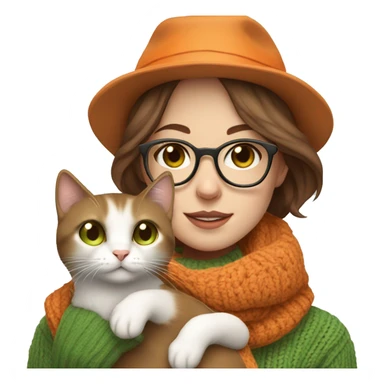 Woman with thin brown hair and a hat with glasses and brown eyes pale skin wearing a scarf and a sweater, holding an orange and white cat with green eyes sticker