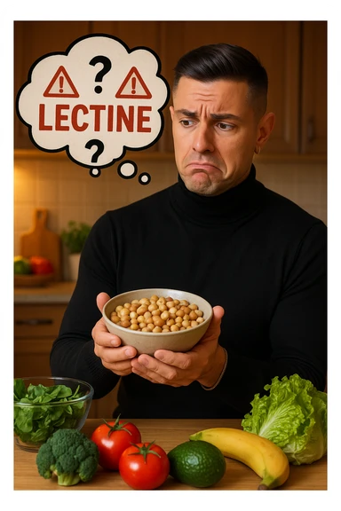 un uomo in cucina tiene in mano una ciotola di legumi (come fagioli o ceci) e li osserva con un’espressione dubbiosa e leggermente preoccupata. Sopra la ciotola, una nuvoletta di pensiero mostra la parola “Lectine” evidenziata in rosso, insieme a simboli di allarme o punti interrogativi. Sullo sfondo, altri alimenti salutari sono visibili sul tavolo, sottolineando il suo scetticismo verso i legumi. sticker