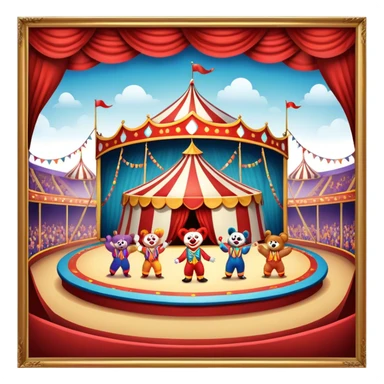 Icon for Circus Arts: a grand vibrant circus arena with acrobats, a clown, and performing bears. The icon should capture the excitement and energy of the circus, with colorful costumes and a lively atmosphere. Transparent background. sticker