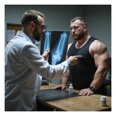 Powerlifter in competition clothing consulting sports doctor pointing at joint X-ray, worried expression, bottle of Stanozololo on table, realistic details, clinic background sticker