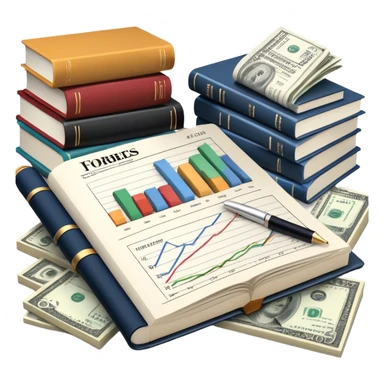 Icon for Business Reading: an open book with graphs, numbers, percentages, formulas, and text on the pages, next to a stack of books, a pile of dollars, a calculator, a pen, and business magazines like Forbes. Transparent background. sticker