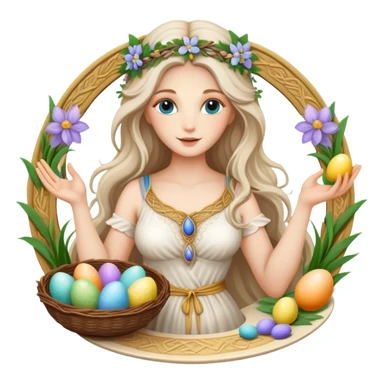 A beautiful goddess Eostre with flowing hair and spring flowers, holding Easter eggs and a Passover seder plate sticker