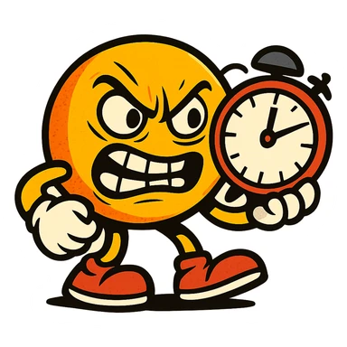 revenge emoji, cartoon style, character holding a clock, vengeful expression, comic book energy sticker