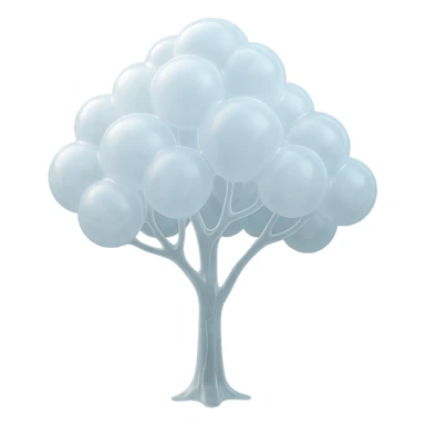one tree with many branches and a white trunk, crown made of small very bright white fluffy convex clouds, matte glass style sticker