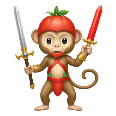 Обезьяна с помидором на голове держит волшебный меч  sticker