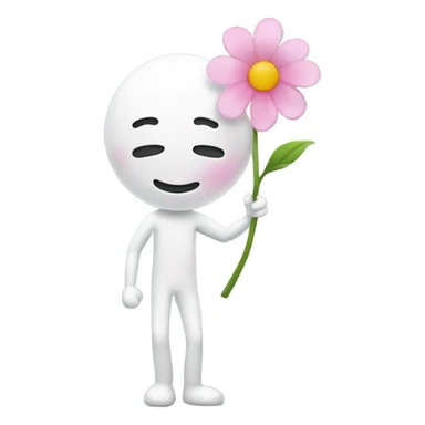 A white stick man that has a super hapy face and is blushing holding a cute small pink flower sticker