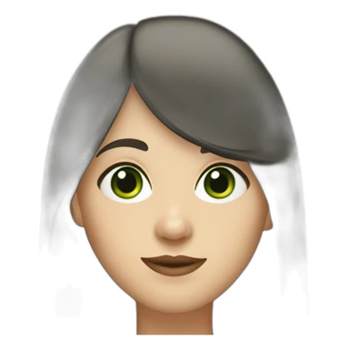 40 year old white woman with green eyes long dark hair and a fringe and oval shape face sticker