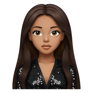 Aaliyah with long dark brown hair, black sequin outfit sticker