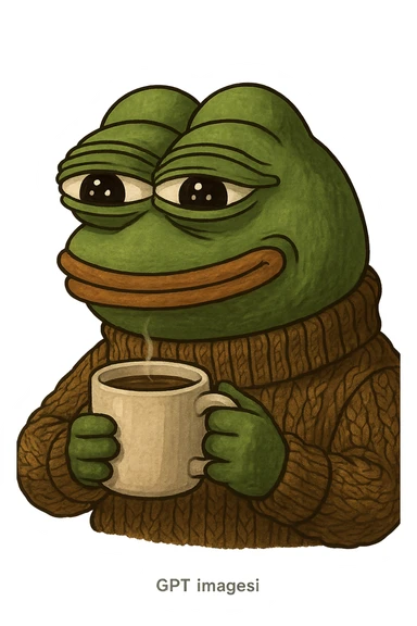 pepe the frog holding a coffee cup, cozy and detailed, gpt-image style sticker