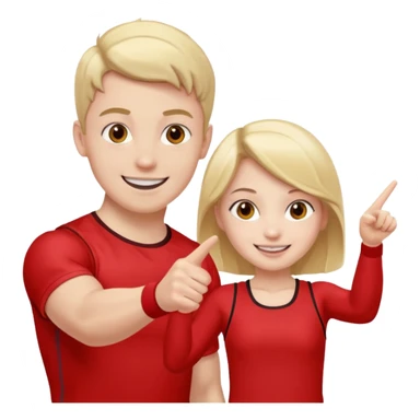 Girl and boy in red gym clothes who points out sticker