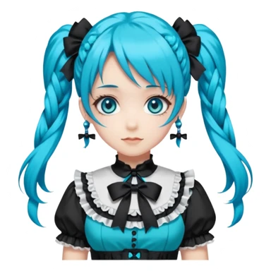 anime-style female character with bright turquoise hair styled in twin tails and matching blue eyes. Her outfit is a frilly turquoise and black dress in a Lolita-esque style, heavily contrasted with black ribbons and trim. A key detail is the prominent "AWP" logo printed in black on the chest, sticker