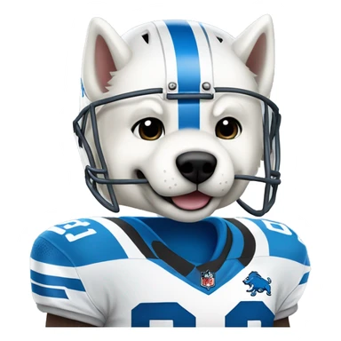 white husky wearing detroit lions football helmet and holding football sticker