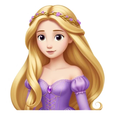 Cinematic Elegant Rapunzel Portrait Emoji, rendered in a realistic, vector-style with minimal shading and bold, simplified shapes. Depict Rapunzel (chest and above) with fair, porcelain skin, long, flowing golden hair cascading gracefully, and soft, gentle eyes, wearing her iconic light purple gown. The image glows with a soft, enchanting radiance and high shine, capturing timeless fairy-tale beauty. sticker