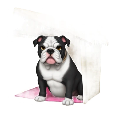 Black furred English bulldog hanging out in a cabana sticker