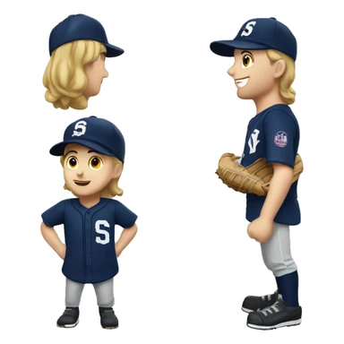 Caucasian baseball player with navy jersey and hat with S initial sticker