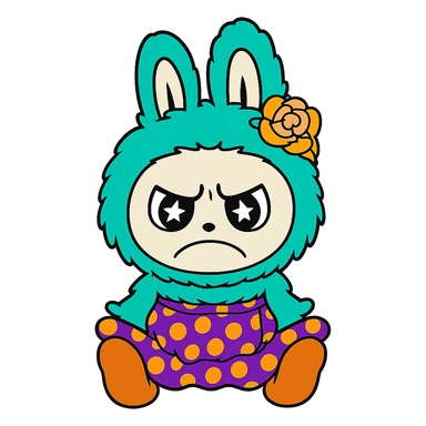 Change only the facial expression of the teal bunny character to an angry, frowning look. Keep the character, pose, and all colors exactly the same as the original. Do not change any other details. Transparent background. sticker