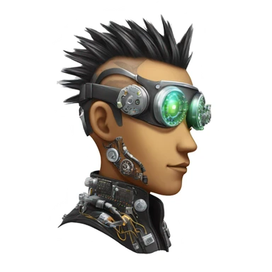 Mohawk hair Asian male cyborg head with neon silver steampunk goggles and circuits sticker