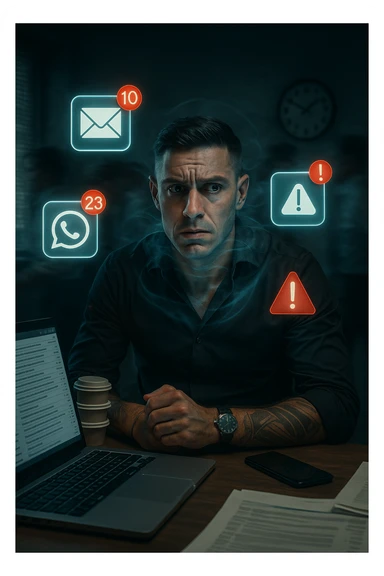 A highly realistic, cinematic portrait of a young man in his early 30s with a tired, tense expression, sitting at his modern office desk surrounded by multiple smartphones with glowing notification bubbles (WhatsApp, emails, alerts) hovering around him like aggressive neon icons. His posture is hunched, shoulders raised, eyes slightly wide, and jaw clenched, representing constant hyper-vigilance and stress. The environment is a cold, cluttered workspace with a laptop displaying endless emails and Slack notifications, coffee cups stacked nearby, and a clock showing late hours, symbolizing the relentless pace of modern work life. Behind him, ghostly blurred figures rush by in a fast-motion effect, representing the constant rush and societal pressure. A faint, tight grey aura wraps around his chest and head, symbolizing blocked breathing and mental tension, while faint blue light tries to push through, representing the body’s desire to find calm. The lighting is harsh and cool, with a 35mm hyperrealistic film style, shallow depth of field focusing on the man’s stressed face and the floating notifications, illustrating the modern trap of always being on alert. sticker