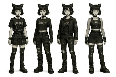 outfit designs for a VTUBER OC. The style is mixed 90's grunge, punk, lots of black and white in the color scheme, futuristic aesthetic. Clothing has small rips and tears from wear, logos and designs are faded. Garage, Shoegaze, postmodern style. character design concept art outfits for a female sticker