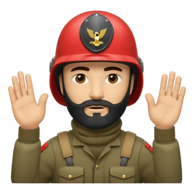 surrenders, depicts an Iraqi soldier from 1980, with a beard, in a helmet, a helmet without signs, with a balaclava, with sad eyes and raised hands sticker