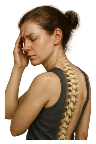 donna stanca che si tiene una mano sulla tempia con spina dorsale anatomica visibile, iperrealistico 4k sticker