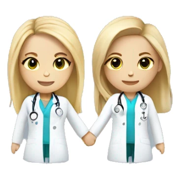 Two light skinned female doctors with long blonde hair and light eyes holding hands sticker