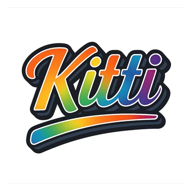 The text 'Kitti' (with a short i and double t) in modern, precise Hungarian letters with a rainbow gradient fill, extra thick white letter outline, dark contour, transparent background, dynamic and slanted underline, styled in the manner of the reference sample images. sticker