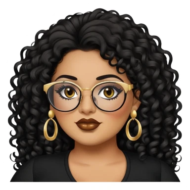big plus size, latina, darker tan skin, long black curly hair, baddie,pretty, makeup, lipliner, black eyeliner, long hair, gold earrings, black top, black glasses sticker