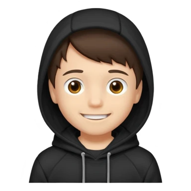 A brunette boy, short straight hair, light brown eyes, with a black sweatshirt with a hoodie, and smile without visible teeth  sticker