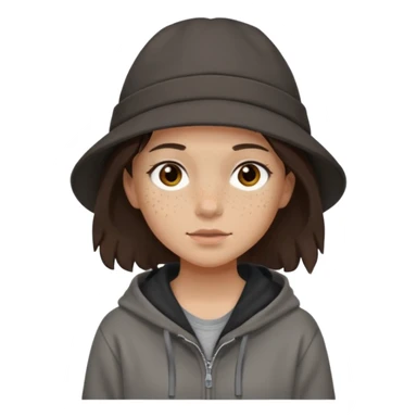 Hobo tomboy with light skin, freckles, shoulder-length center-parted dark brown hair. brown eyes, dark brown hoodie, grey shirt. Black flat brimmed hat sticker