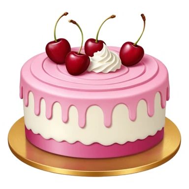 Round pink frosted cake with textured buttercream sides, placed on a gold cake board.
White whipped cream swirls on top, each topped with glossy red cherries with stems, clean studio lighting, isolated background, realistic minimal emoji-style. sticker