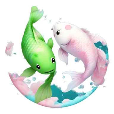 Pisces Two realistic green and blue the other pink and white koi fish swimming in circle ying yang cloudy dreamy bubbles  sticker