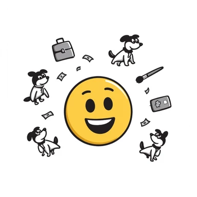 Yellow emoji with karate dogs, a briefcase, money, a phone and a paintbrush flying in its aura sticker