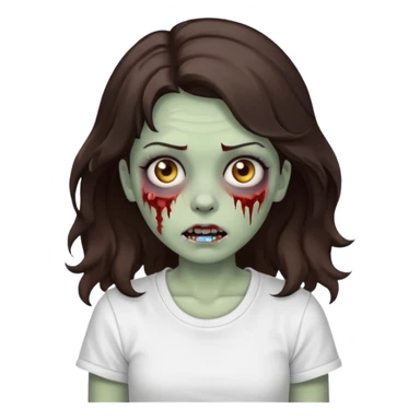 zombie girl who has wavy dark brown hair and a white t shirt sticker