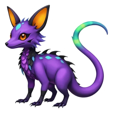 Rare epic aesthetic iridescent bioluminescent spooky gloomy colorful Salandit-Noibat-Eevee-Genet-species-Fakemon-hybrid-creature, with markings, full body sticker