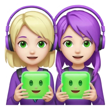 Make a blonde girl with green glowing headset on and a purple hair girl haveing fun , make them chibi emojis ,make them animated sticker