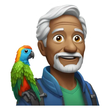 Old man with gray hair portrait with a colorful parrot on his shoulder  sticker