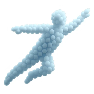 a person flying, entirely made of small, very bright white fluffy convex clouds, minimalist, airy, glowing, matte glass style, no background sticker