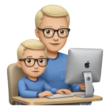 Middle aged man with glasses working at his desk, with his child sitting behind him on the headrest of his chair looking at his computer sticker