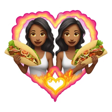 two women eating tacos, riding a unicorn surrounded, a neon heart that’s on fire sticker