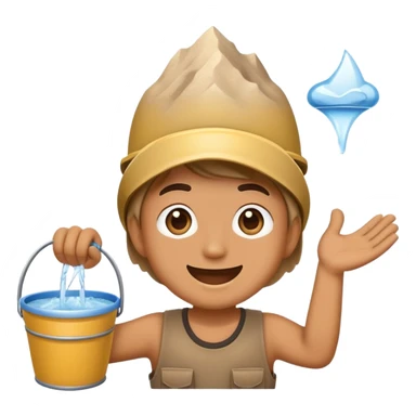 an emoji with a cheerful face holding a bucket of water and a mountain of dust in front of it sticker