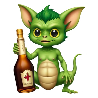 A gremlin holding a Hennessy bottle sticker
