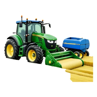 Baler – New Holland Roll-Belt 560 (2018) – Cinematic-realistic John Deere 6155M tractor towing a New Holland Roll-Belt 560 baler, its deep green body contrasting with the bright blue baler. The massive machine moves steadily through golden fields, compressing freshly cut hay into tight round bales, while dust swirls under the blazing afternoon sun. sticker