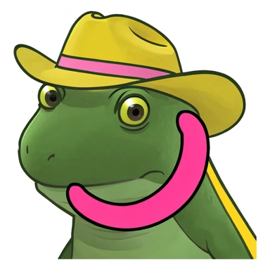 Lizard in a yellow cowboy hat with a pink ring on it and wearing a pink cowboy hat with a yellow ring sticker