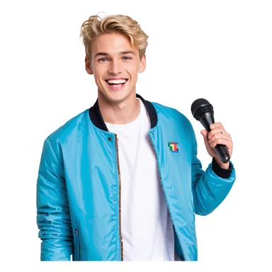 Pixel art style, expressive male performer, Caucasian features, short sandy blonde hair, lively eyes, wide cheerful smile, wearing a sky blue jacket over white tee, tossing a microphone in one hand, waist-up, front-facing sticker
